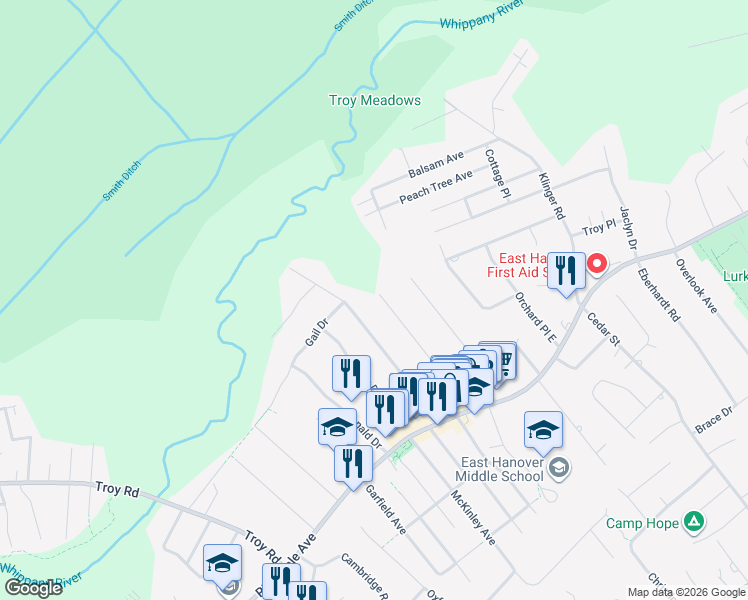map of restaurants, bars, coffee shops, grocery stores, and more near 66 Grove Avenue in East Hanover
