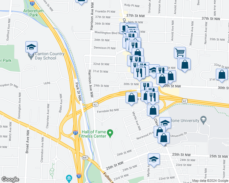 map of restaurants, bars, coffee shops, grocery stores, and more near 2826 May Avenue Northwest in Canton