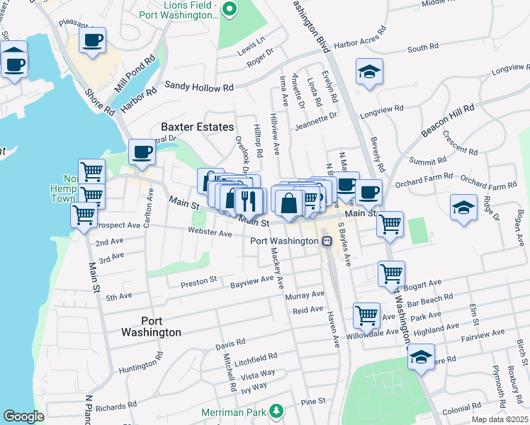 map of restaurants, bars, coffee shops, grocery stores, and more near 32 Central Drive in Port Washington