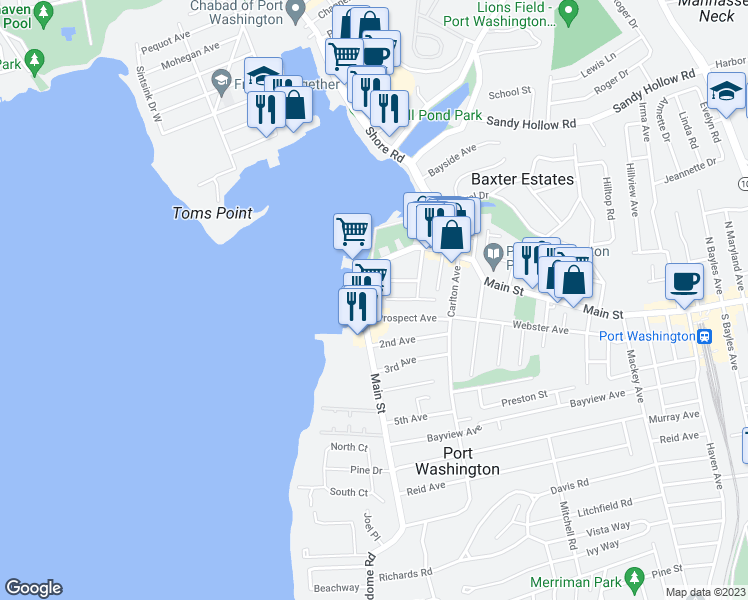 map of restaurants, bars, coffee shops, grocery stores, and more near 357-373 Main Street in Port Washington