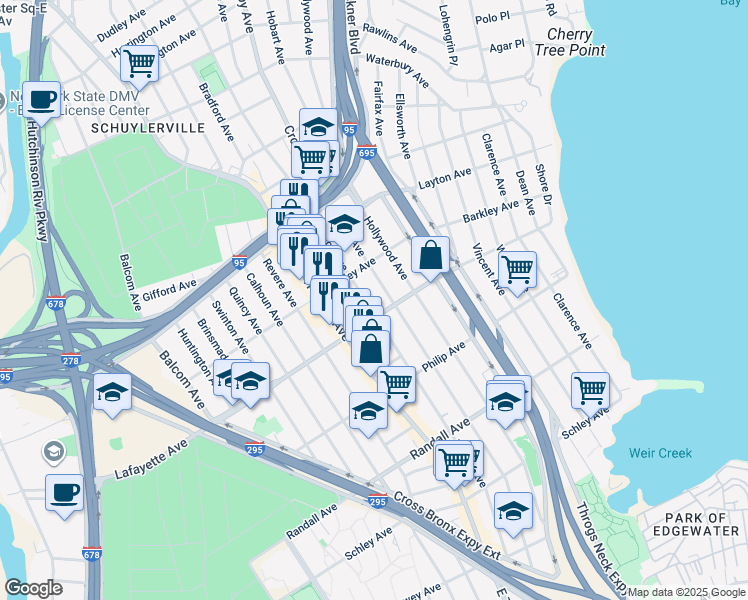 map of restaurants, bars, coffee shops, grocery stores, and more near 927 Logan Avenue in The Bronx