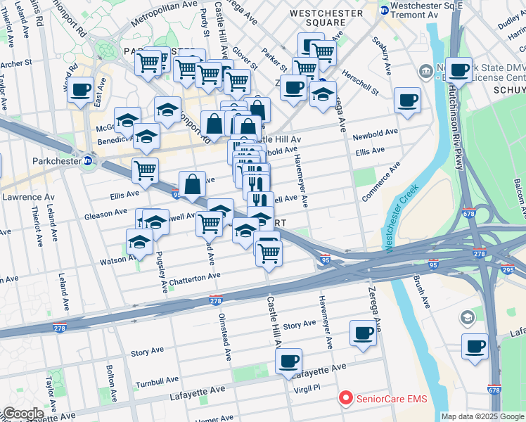 map of restaurants, bars, coffee shops, grocery stores, and more near 1177 Castle Hill Avenue in Bronx