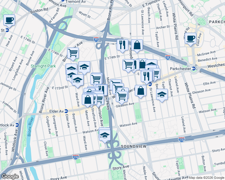 map of restaurants, bars, coffee shops, grocery stores, and more near 1266 Fteley Avenue in Bronx