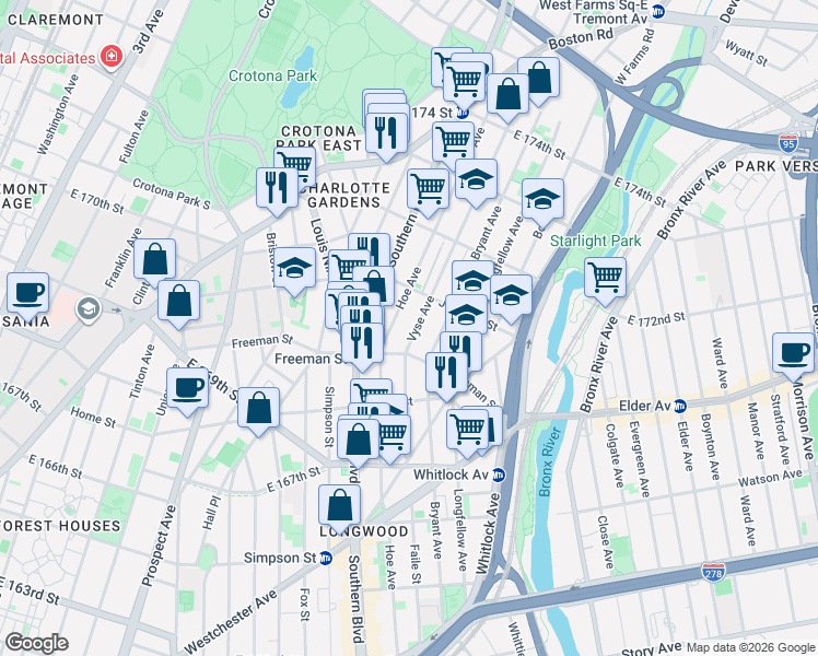 map of restaurants, bars, coffee shops, grocery stores, and more near 1312 Hoe Avenue in Bronx