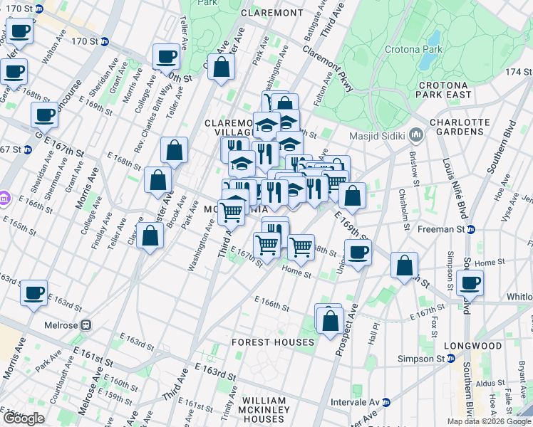 map of restaurants, bars, coffee shops, grocery stores, and more near 1235 Franklin Avenue in The Bronx