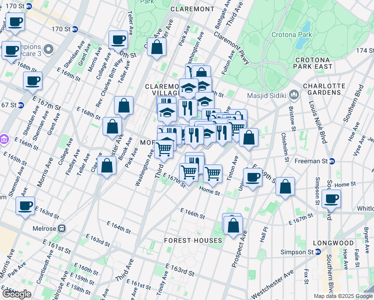 map of restaurants, bars, coffee shops, grocery stores, and more near 1235 Franklin Avenue in The Bronx