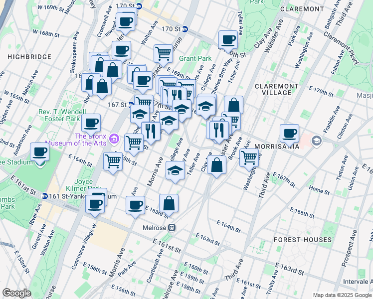 map of restaurants, bars, coffee shops, grocery stores, and more near 1150 College Avenue in Bronx