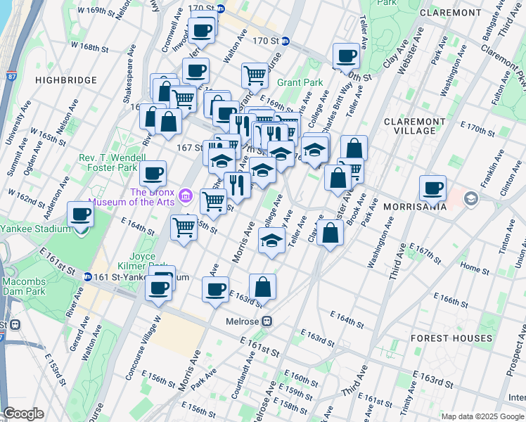 map of restaurants, bars, coffee shops, grocery stores, and more near 1131 Morris Avenue in The Bronx