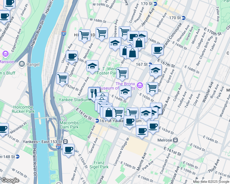 map of restaurants, bars, coffee shops, grocery stores, and more near in The Bronx