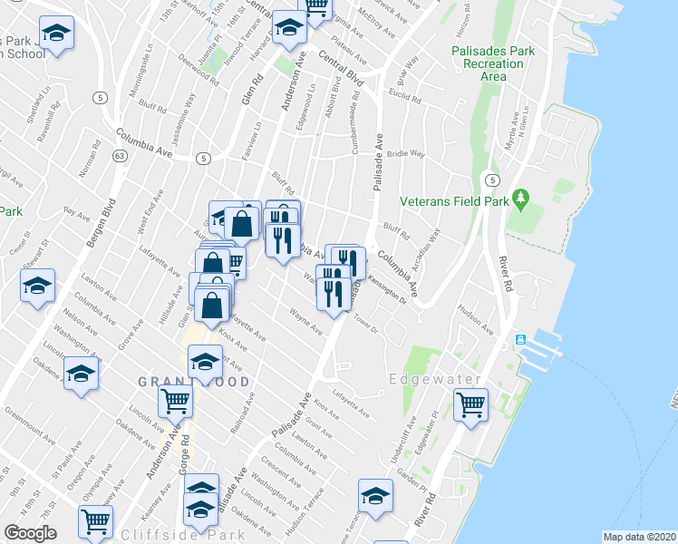 map of restaurants, bars, coffee shops, grocery stores, and more near 1002 Cumbermeade Road in Fort Lee