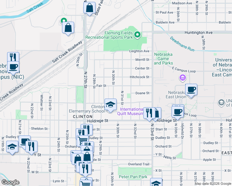 map of restaurants, bars, coffee shops, grocery stores, and more near 1828 North 30th Street in Lincoln