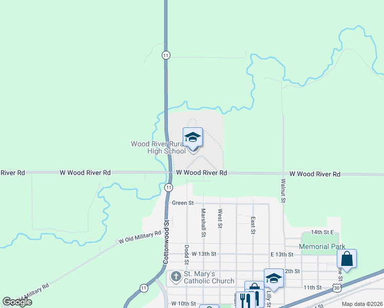 map of restaurants, bars, coffee shops, grocery stores, and more near 13800 West Wood River Road in Wood River