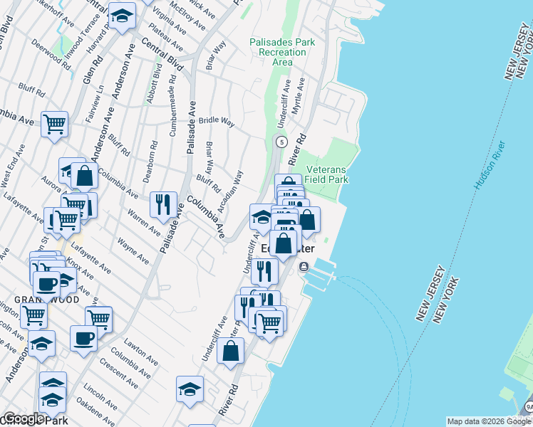 map of restaurants, bars, coffee shops, grocery stores, and more near Undercliff Avenue in Edgewater