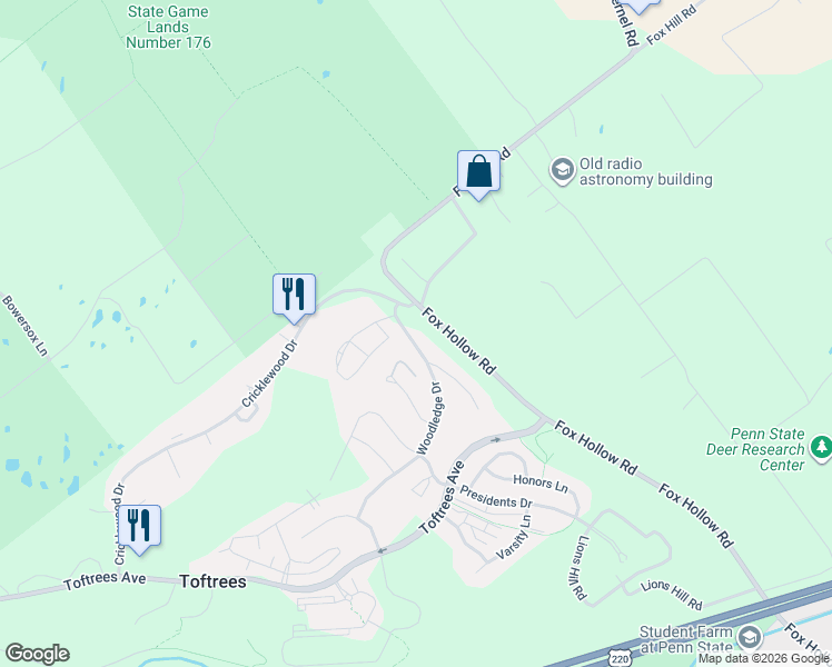 map of restaurants, bars, coffee shops, grocery stores, and more near 1598 Fox Hollow Rd in State College