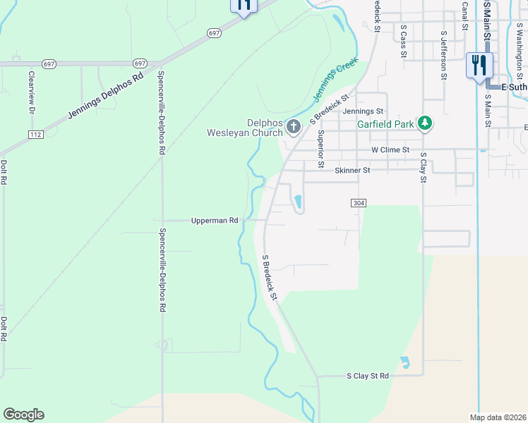 map of restaurants, bars, coffee shops, grocery stores, and more near 1180 Delphos Southworth Road in Delphos
