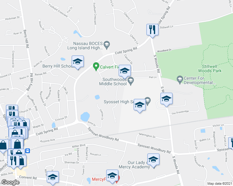 map of restaurants, bars, coffee shops, grocery stores, and more near 18 Wilshire Drive in Syosset