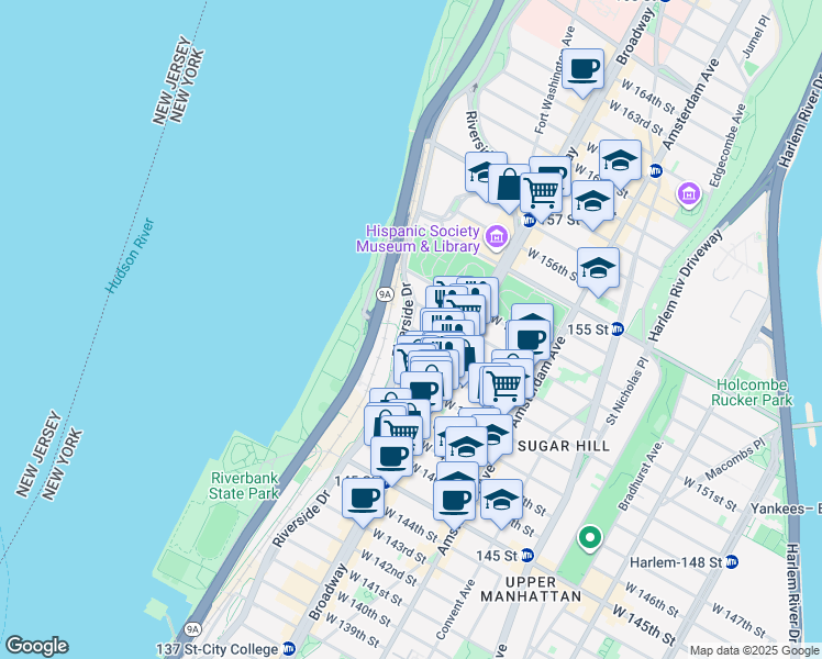 map of restaurants, bars, coffee shops, grocery stores, and more near 738 Riverside Drive in New York