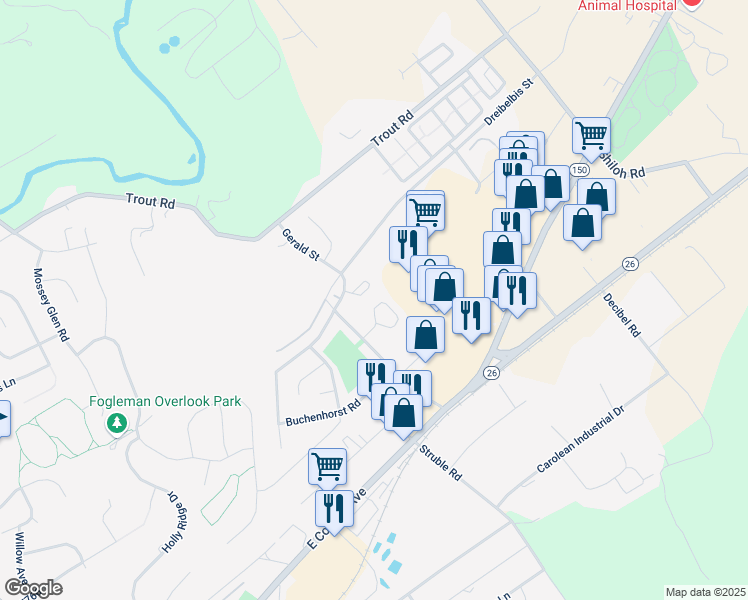 map of restaurants, bars, coffee shops, grocery stores, and more near 184 Birchtree Court in State College