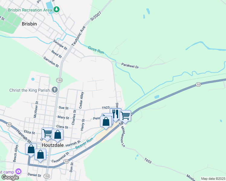 map of restaurants, bars, coffee shops, grocery stores, and more near 286 Sterling Avenue in Houtzdale