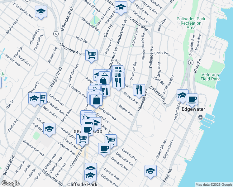map of restaurants, bars, coffee shops, grocery stores, and more near 799 Abbott Boulevard in Fort Lee