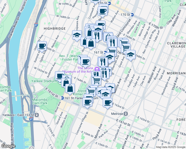 map of restaurants, bars, coffee shops, grocery stores, and more near Grand Concourse & E 165th St in Bronx
