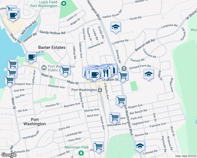 map of restaurants, bars, coffee shops, grocery stores, and more near 1 Herbert Avenue in Port Washington