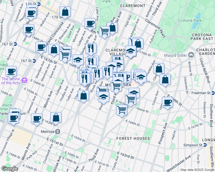 map of restaurants, bars, coffee shops, grocery stores, and more near 1201 Washington Avenue in Bronx