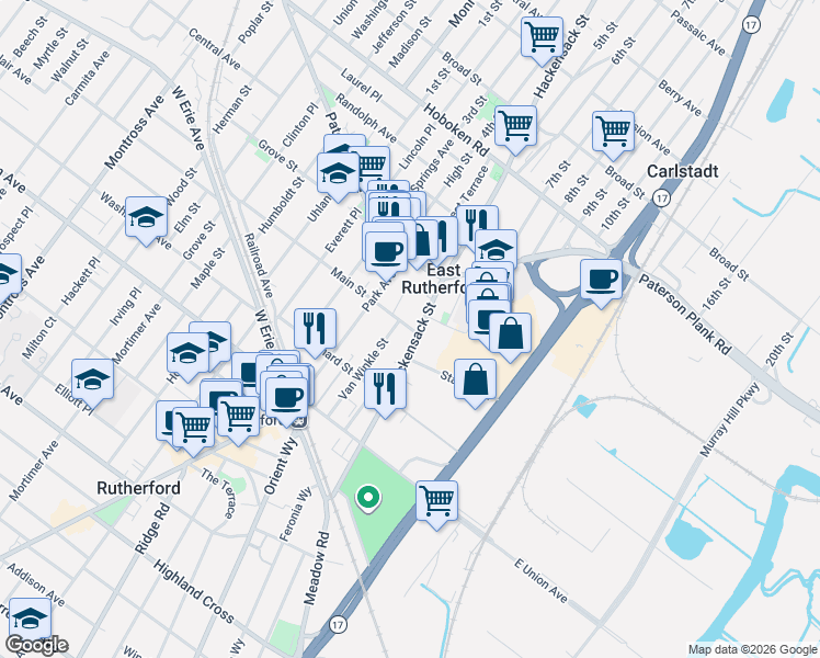 map of restaurants, bars, coffee shops, grocery stores, and more near 165 Main Street in East Rutherford