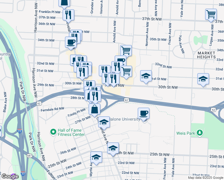 map of restaurants, bars, coffee shops, grocery stores, and more near 1130-1312 30th St NW in Canton