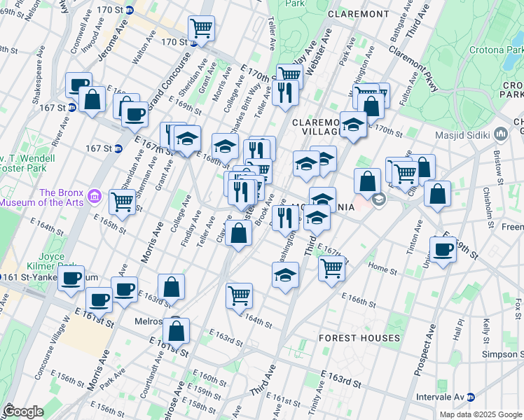 map of restaurants, bars, coffee shops, grocery stores, and more near in The Bronx