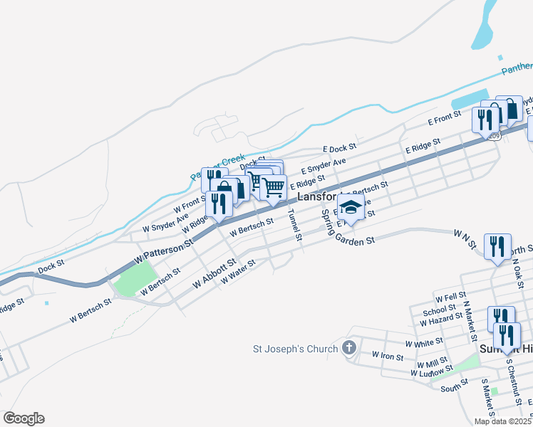 map of restaurants, bars, coffee shops, grocery stores, and more near 28 West Ridge Street in Lansford