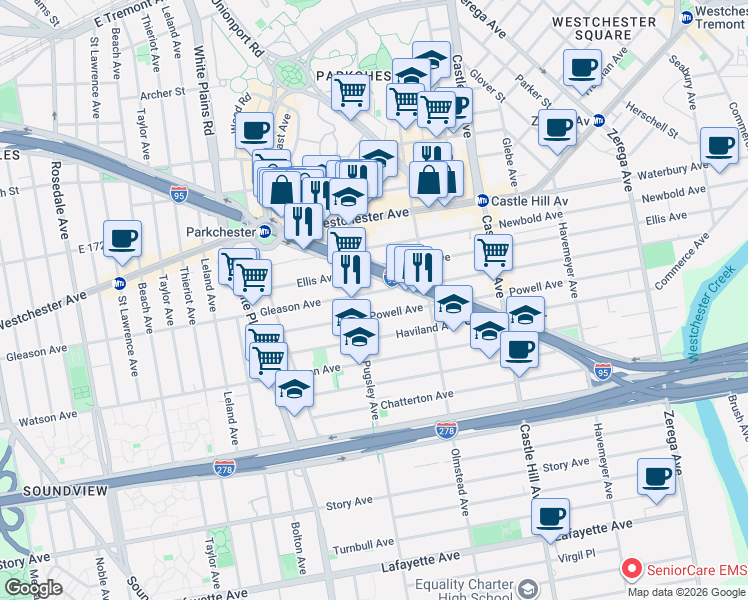map of restaurants, bars, coffee shops, grocery stores, and more near in The Bronx