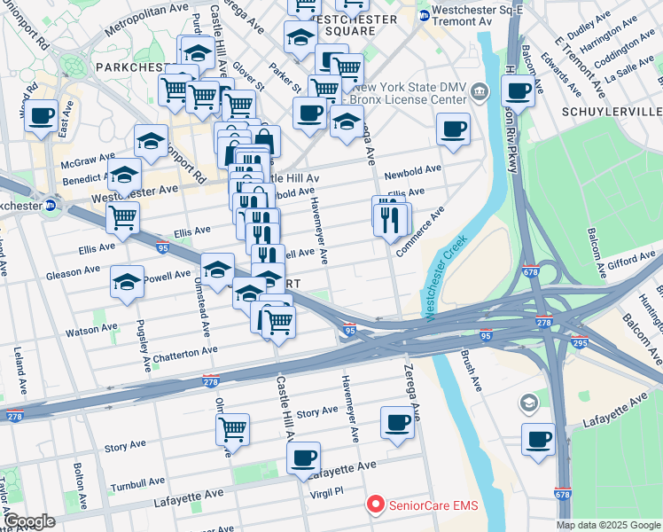 map of restaurants, bars, coffee shops, grocery stores, and more near 1151 Havemeyer Avenue in Bronx