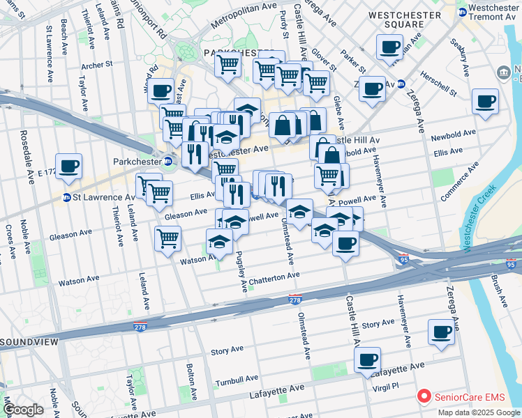 map of restaurants, bars, coffee shops, grocery stores, and more near 2044 Cross Bronx Expressway in Bronx