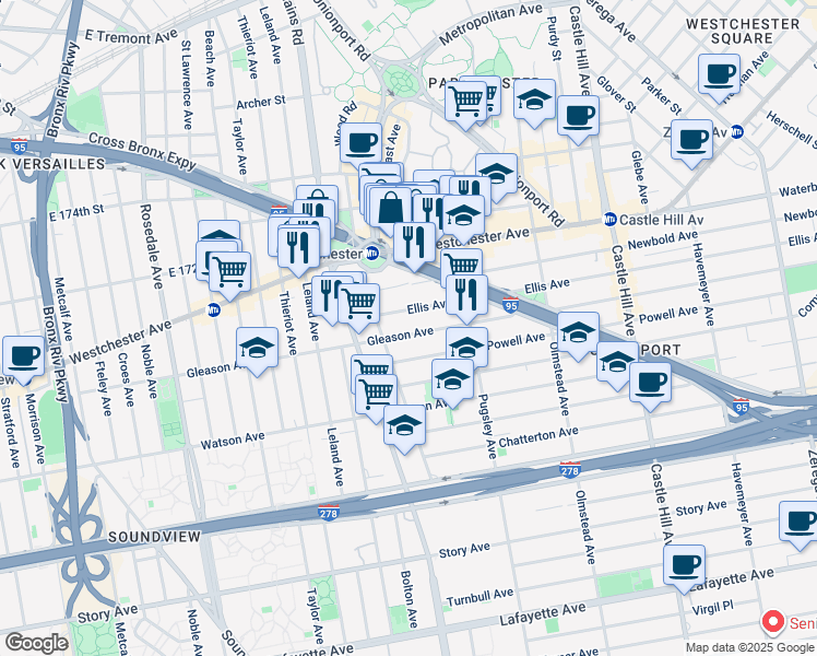 map of restaurants, bars, coffee shops, grocery stores, and more near 1941 Ellis Avenue in The Bronx