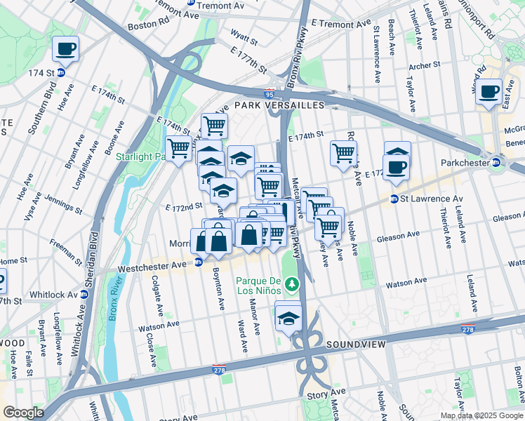 map of restaurants, bars, coffee shops, grocery stores, and more near in The Bronx