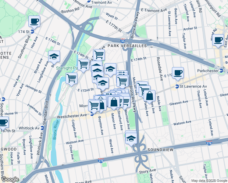 map of restaurants, bars, coffee shops, grocery stores, and more near in The Bronx