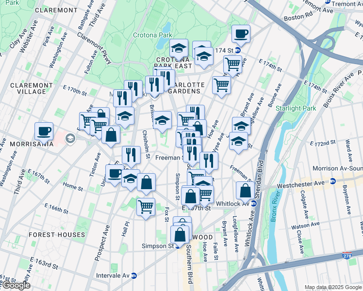 map of restaurants, bars, coffee shops, grocery stores, and more near 1355 Intervale Avenue in Bronx