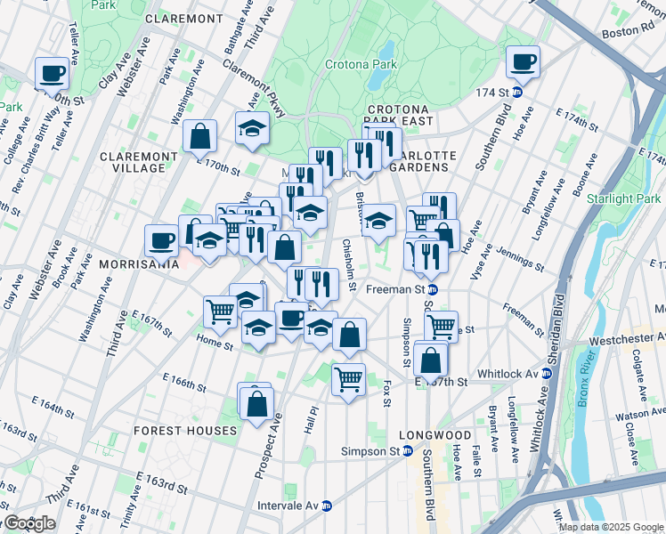 map of restaurants, bars, coffee shops, grocery stores, and more near in The Bronx
