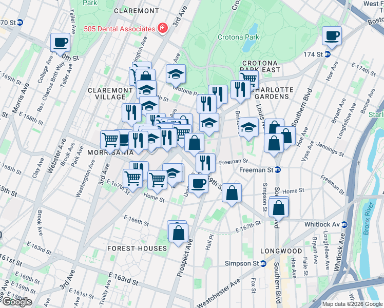 map of restaurants, bars, coffee shops, grocery stores, and more near 1297 Union Avenue in Bronx