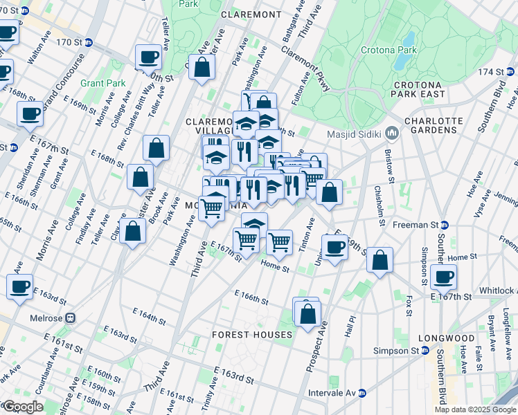map of restaurants, bars, coffee shops, grocery stores, and more near 1276 Fulton Avenue in The Bronx