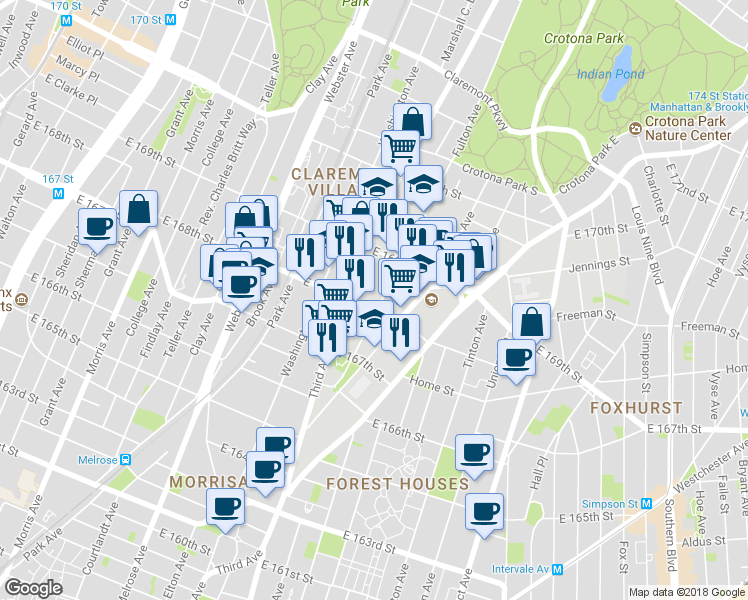 map of restaurants, bars, coffee shops, grocery stores, and more near 547 East 168th Street in The Bronx