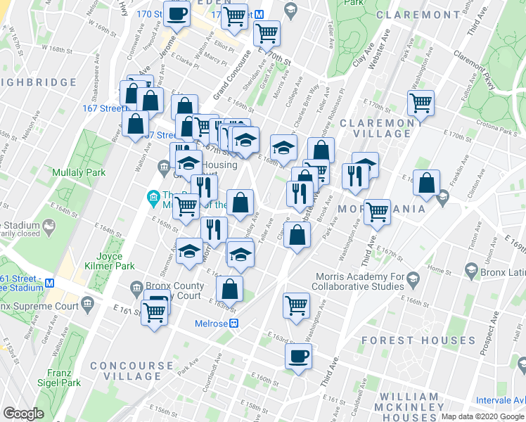 map of restaurants, bars, coffee shops, grocery stores, and more near 1148 Findlay Avenue in Bronx