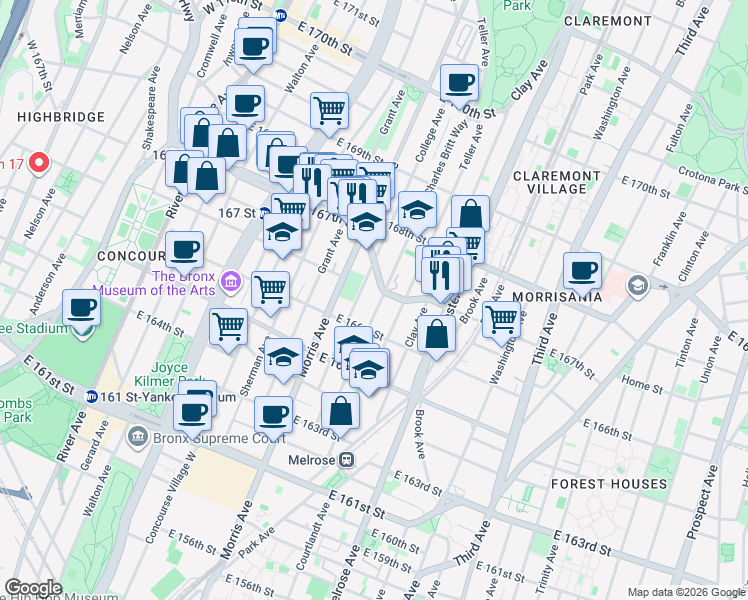 map of restaurants, bars, coffee shops, grocery stores, and more near 1150 College Avenue in Bronx