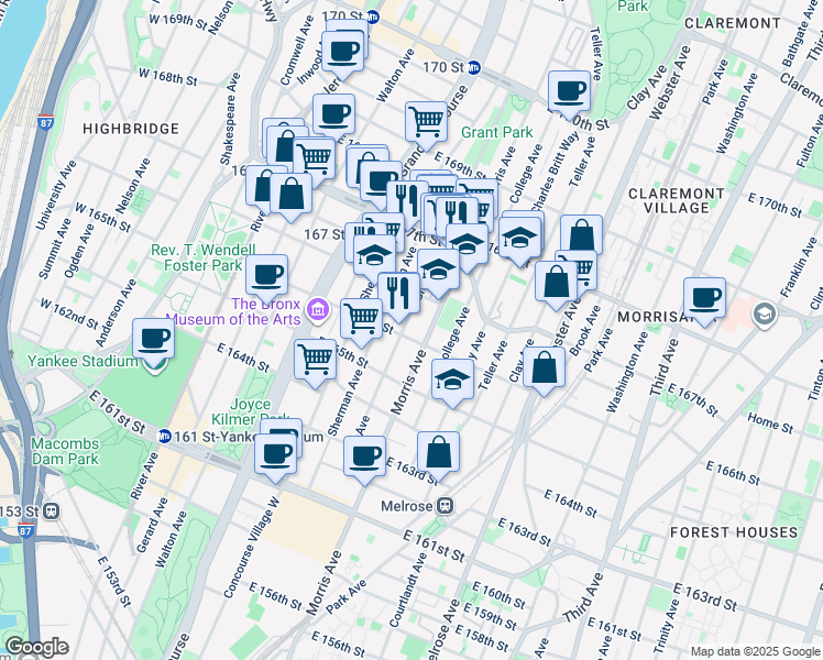 map of restaurants, bars, coffee shops, grocery stores, and more near 1131 Morris Avenue in The Bronx