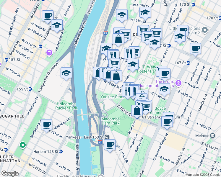 map of restaurants, bars, coffee shops, grocery stores, and more near 953 Woodycrest Avenue in Bronx