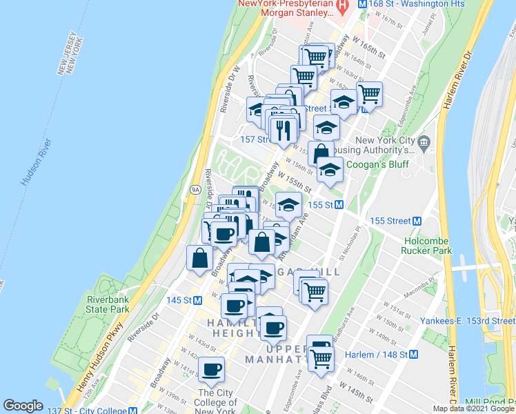map of restaurants, bars, coffee shops, grocery stores, and more near 3701 Broadway in New York