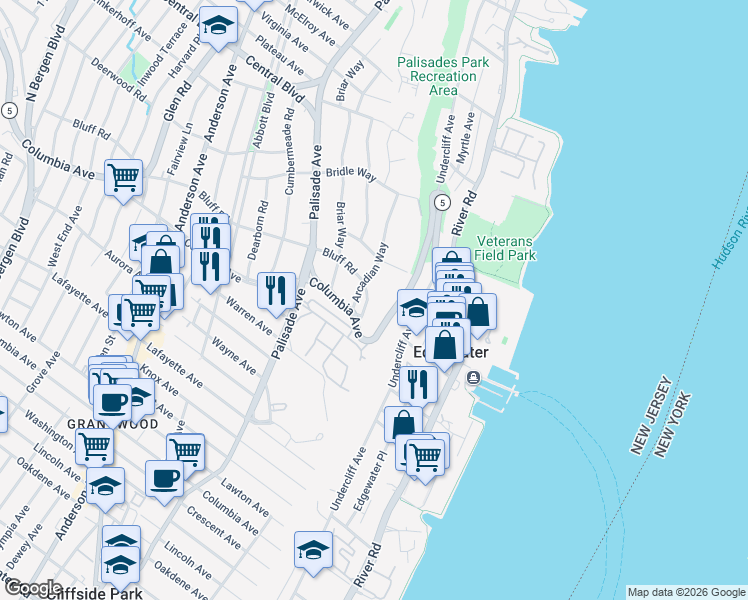 map of restaurants, bars, coffee shops, grocery stores, and more near 1040 Arcadian Way in Fort Lee