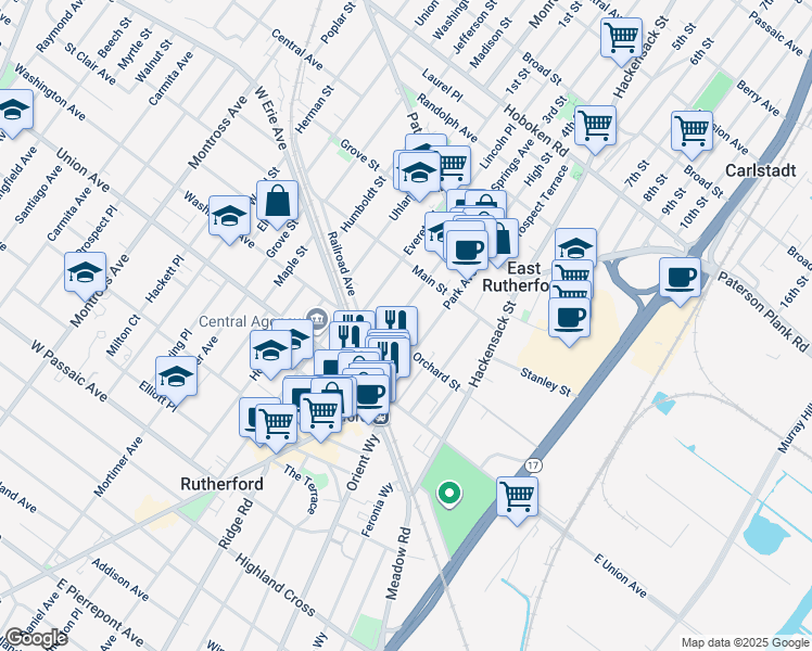 map of restaurants, bars, coffee shops, grocery stores, and more near 191 Boiling Springs Avenue in East Rutherford