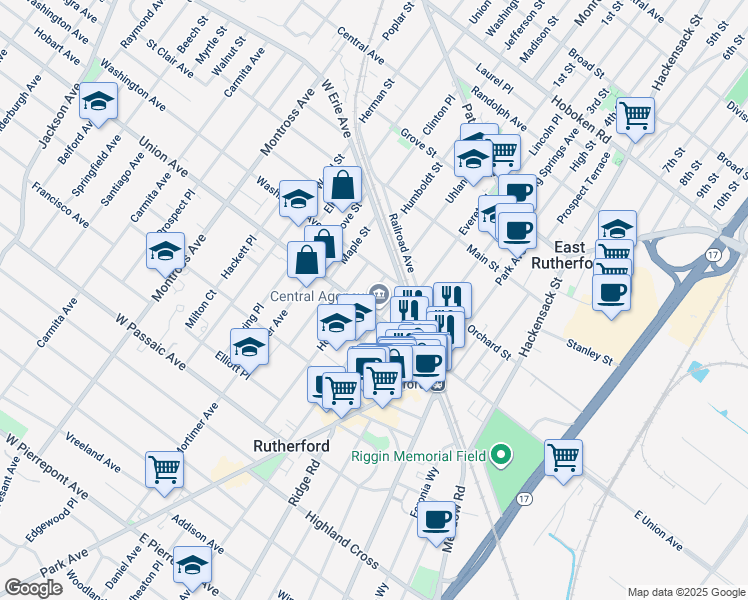 map of restaurants, bars, coffee shops, grocery stores, and more near 3 Ayer Place in Rutherford